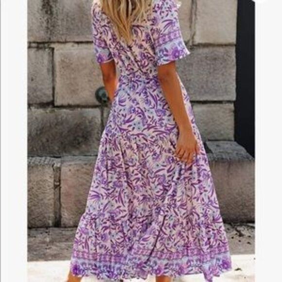 New Boho Floral Print Cotton Short Sleeve Flowy Dress - Picture 4 of 6